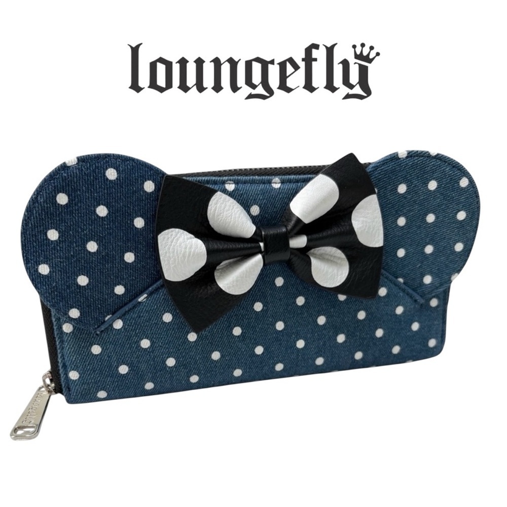 LOUNGEFLY Minnie Mouse Denim Polka Dot Wallet NWOT Limited Edition Ears Bow Zip